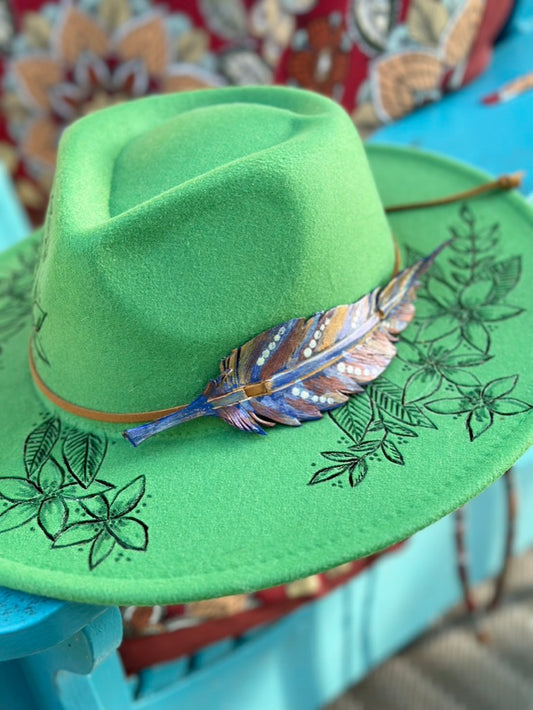 Green Hat: Floral and Feathers