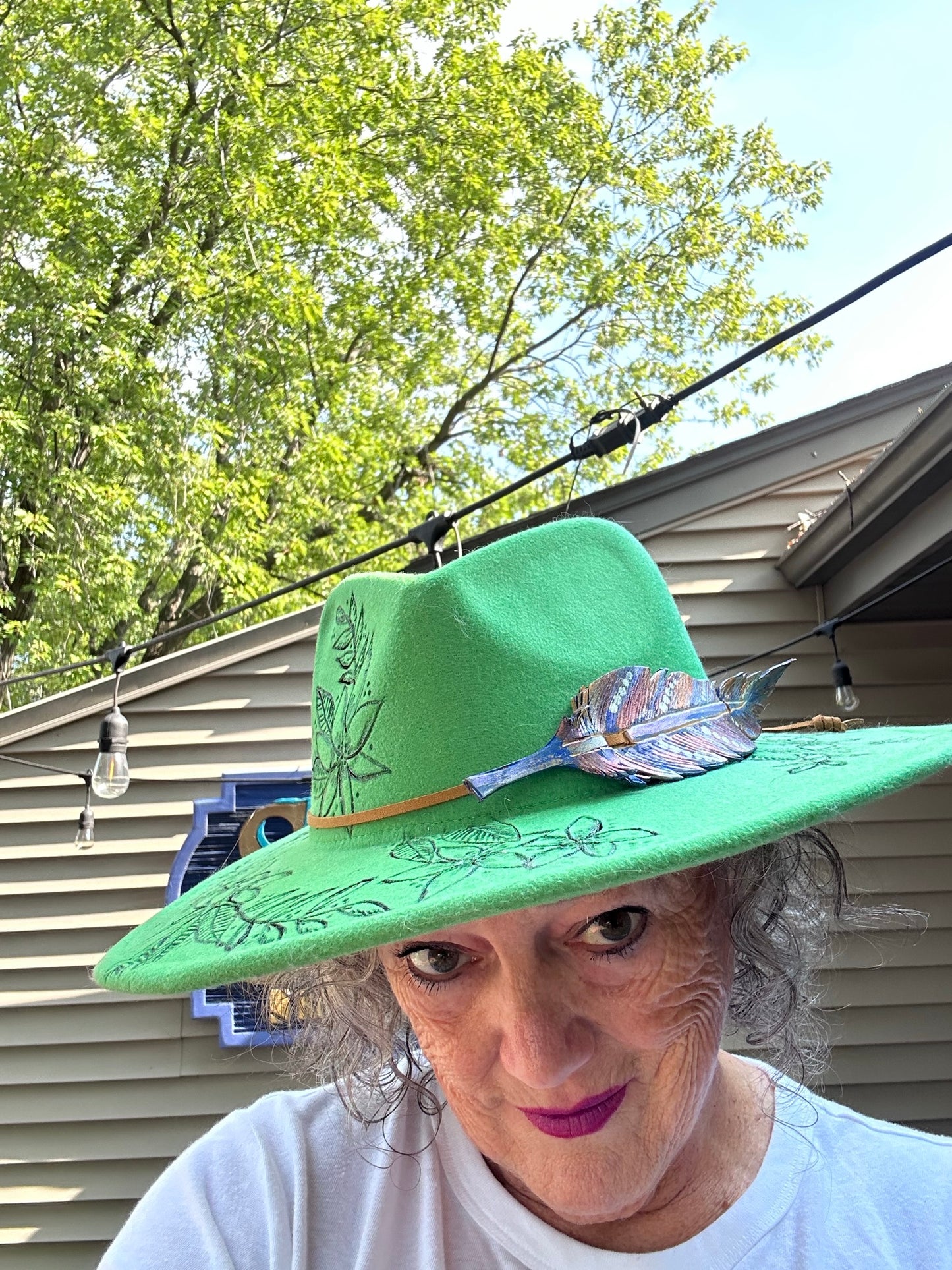 Green Hat: Floral and Feathers